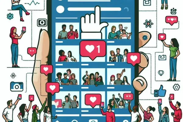 "Group of diverse Instagram users engaging with each other on their mobile devices, showcasing community building through likes, comments, and shares. Tips for creating a vibrant Instagram community in the article 'How to Create a Community on Instagram'."