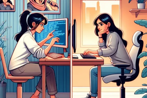 "Excited remote developer sitting at a home office desk, celebrating their first remote job success, embodying the journey from job seeker to professional in tech."