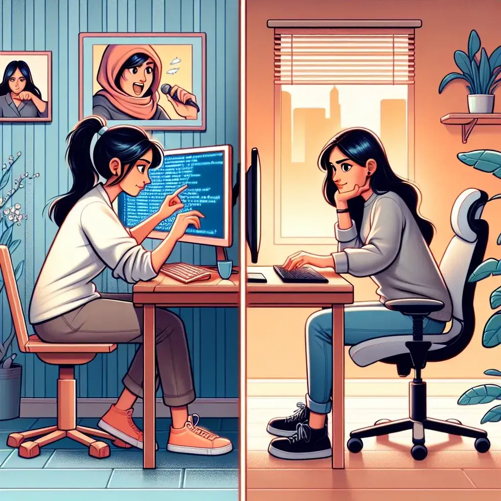 "Excited remote developer sitting at a home office desk, celebrating their first remote job success, embodying the journey from job seeker to professional in tech."