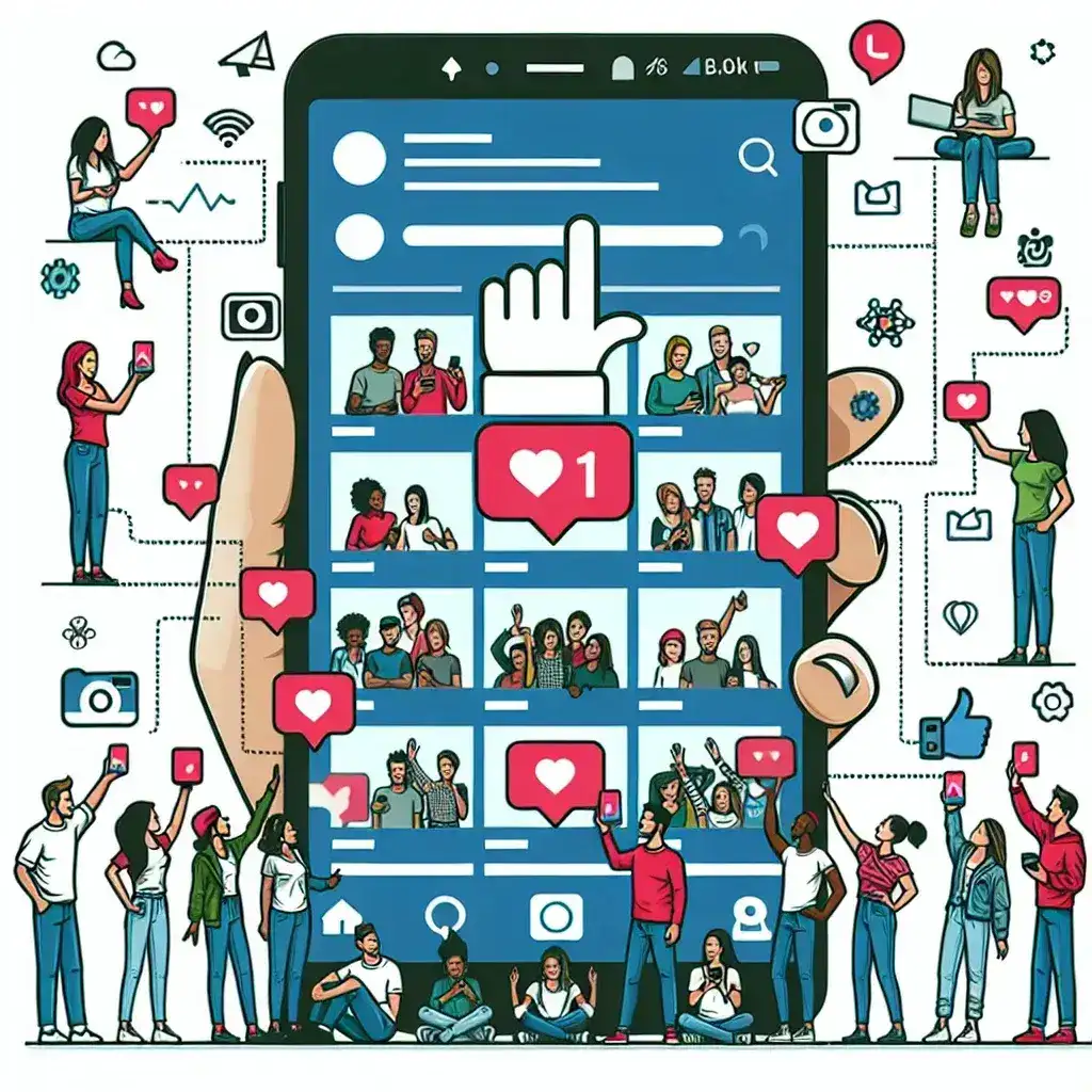 "Group of diverse Instagram users engaging with each other on their mobile devices, showcasing community building through likes, comments, and shares. Tips for creating a vibrant Instagram community in the article 'How to Create a Community on Instagram'."