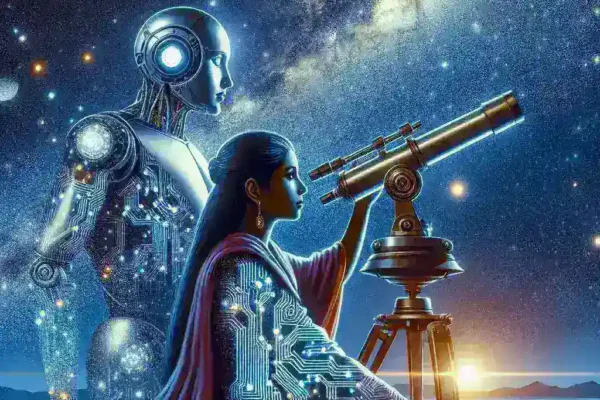 "Astrology and AI: A futuristic illustration depicting a human astrologer consulting a digital interface with AI-generated astrological predictions, symbolizing the potential impact of artificial intelligence on traditional astrology practices."